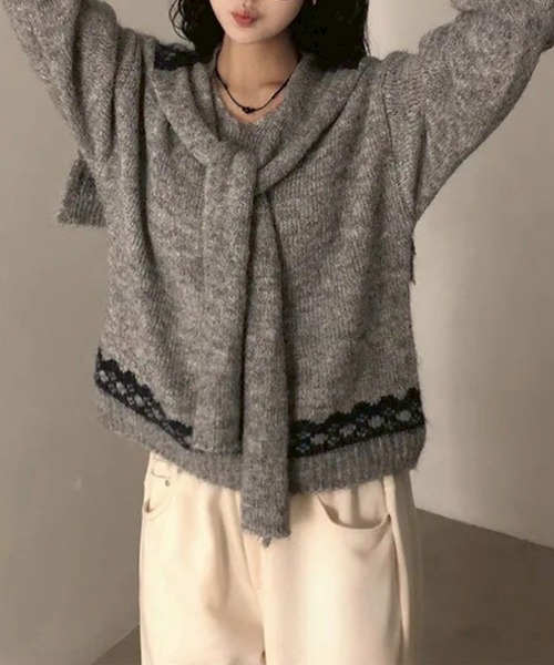 leune(ルネ)の「リボンジャガードストールセットVネックニット/オーバーサイズニットプルオーバー(ニット/セーター・レディース・ベージュ/グレー・FREE)」の10枚目の写真
