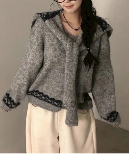 leune(ルネ)の「リボンジャガードストールセットVネックニット/オーバーサイズニットプルオーバー(ニット/セーター・レディース・ベージュ/グレー・FREE)」の17枚目の写真