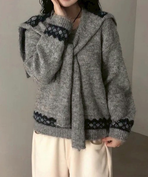 leune(ルネ)の「リボンジャガードストールセットVネックニット/オーバーサイズニットプルオーバー(ニット/セーター・レディース・ベージュ/グレー・FREE)」の18枚目の写真