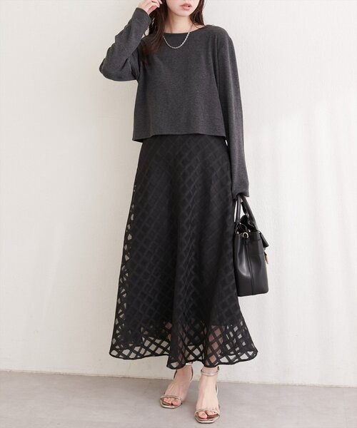 natural couture（ナチュラルクチュール）の「シアーチェックバイヤススカート（スカート・レディース・ブラック/ライトグレー/オフホワイト・FREE）」の6枚目の写真