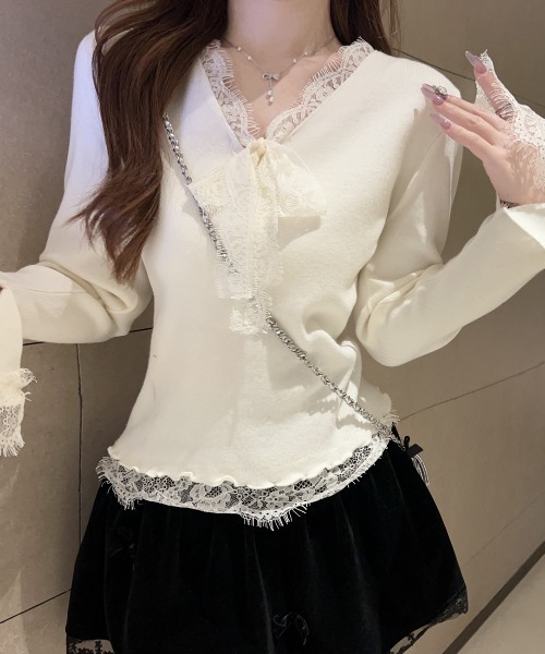 26春新作】レースリボンVネックニットトップス（ニット/セーター
