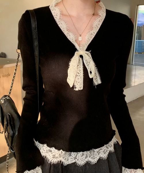GEMEDA(ジェメダ)の「【26春新作】レースリボンVネックニットトップス(ニット/セーター・レディース・ライトベージュ/アイボリー/グレー/ブラック・M)」の6枚目の写真