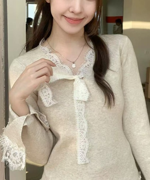 GEMEDA(ジェメダ)の「【26春新作】レースリボンVネックニットトップス(ニット/セーター・レディース・ライトベージュ/アイボリー/グレー/ブラック・M)」の22枚目の写真