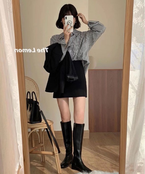 kirakiraShop(キラキラショップ)の「ストライプ オーバー シルエット シャツ(シャツ/ブラウス・レディース・ブラック/ライトブルー/ブルー/ピンク/グリーン・FREE)」の8枚目の写真