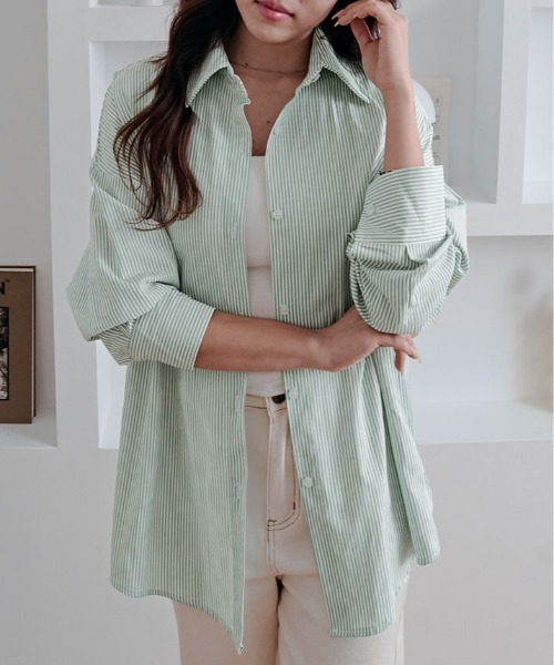 kirakiraShop(キラキラショップ)の「ストライプ オーバー シルエット シャツ(シャツ/ブラウス・レディース・ブラック/ライトブルー/ブルー/ピンク/グリーン・FREE)」の10枚目の写真
