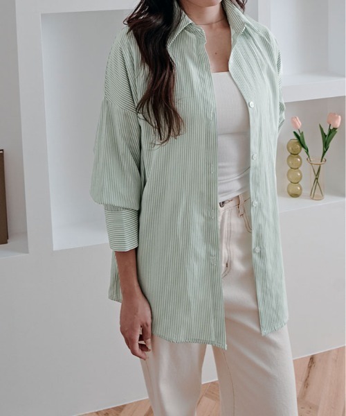 kirakiraShop(キラキラショップ)の「ストライプ オーバー シルエット シャツ(シャツ/ブラウス・レディース・ブラック/ライトブルー/ブルー/ピンク/グリーン・FREE)」の12枚目の写真