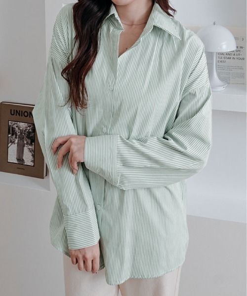 kirakiraShop(キラキラショップ)の「ストライプ オーバー シルエット シャツ(シャツ/ブラウス・レディース・ブラック/ライトブルー/ブルー/ピンク/グリーン・FREE)」の13枚目の写真
