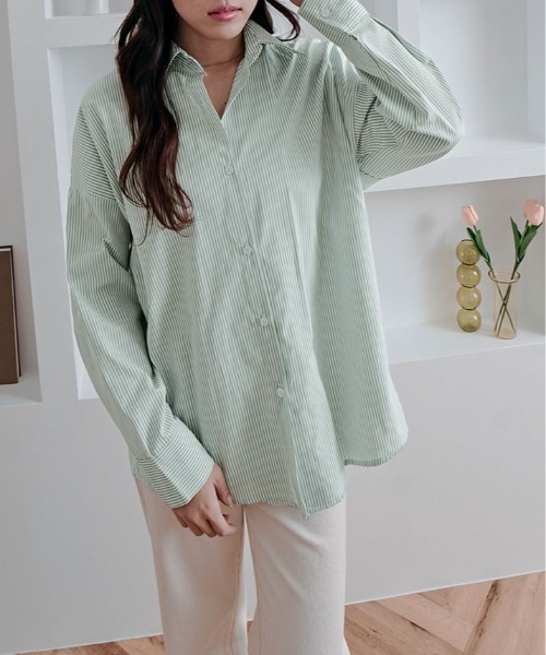 kirakiraShop(キラキラショップ)の「ストライプ オーバー シルエット シャツ(シャツ/ブラウス・レディース・ブラック/ライトブルー/ブルー/ピンク/グリーン・FREE)」の14枚目の写真