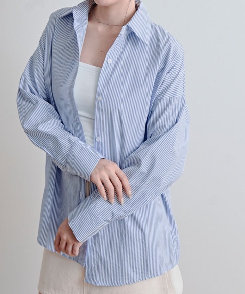 kirakiraShop(キラキラショップ)の「ストライプ オーバー シルエット シャツ(シャツ/ブラウス・レディース・ブラック/ライトブルー/ブルー/ピンク/グリーン・FREE)」の15枚目の写真