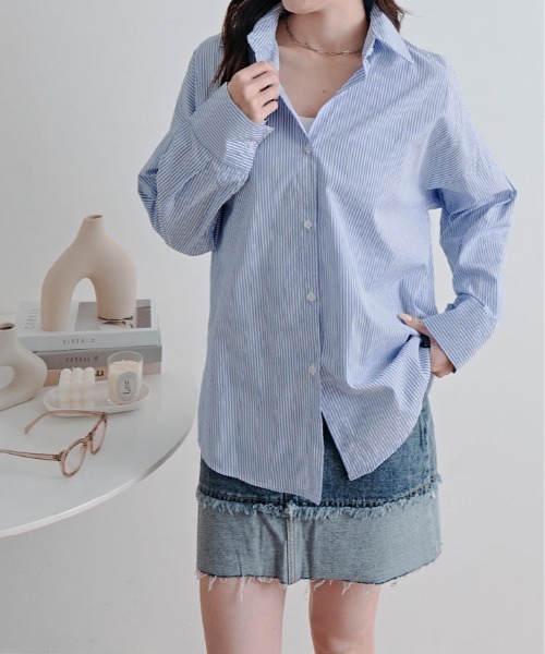 kirakiraShop(キラキラショップ)の「ストライプ オーバー シルエット シャツ(シャツ/ブラウス・レディース・ブラック/ライトブルー/ブルー/ピンク/グリーン・FREE)」の17枚目の写真