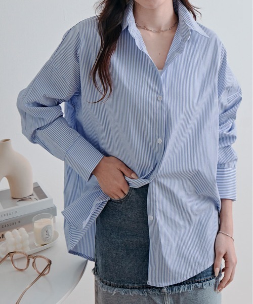 kirakiraShop(キラキラショップ)の「ストライプ オーバー シルエット シャツ(シャツ/ブラウス・レディース・ブラック/ライトブルー/ブルー/ピンク/グリーン・FREE)」の18枚目の写真