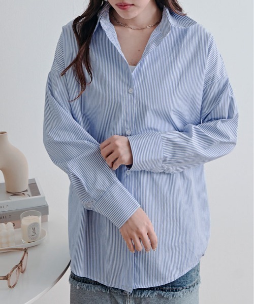 kirakiraShop(キラキラショップ)の「ストライプ オーバー シルエット シャツ(シャツ/ブラウス・レディース・ブラック/ライトブルー/ブルー/ピンク/グリーン・FREE)」の20枚目の写真