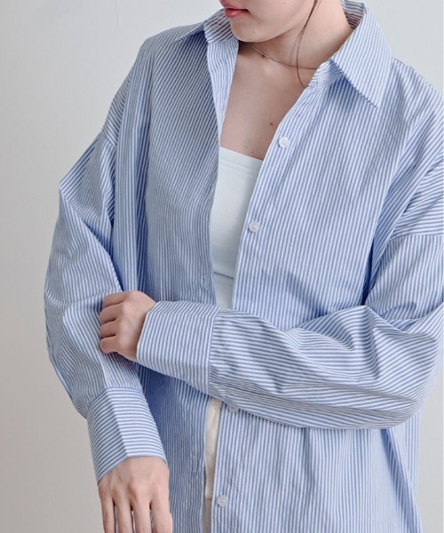 kirakiraShop(キラキラショップ)の「ストライプ オーバー シルエット シャツ(シャツ/ブラウス・レディース・ブラック/ライトブルー/ブルー/ピンク/グリーン・FREE)」の22枚目の写真