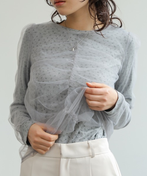 Bab(バブ)の「【ドット/小花柄】チュールレイヤードトップス(Tシャツ/カットソー・レディース・B/D/C/A・M)」の2枚目の写真