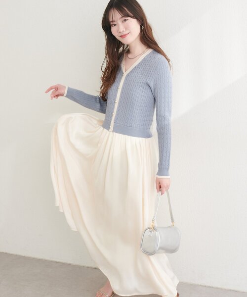 natural couture(ナチュラルクチュール)の「ニットドッキングサテンワンピース(ワンピース・レディース・ピンク/オフホワイト/ブラック/サックスブルー・FREE)」の3枚目の写真