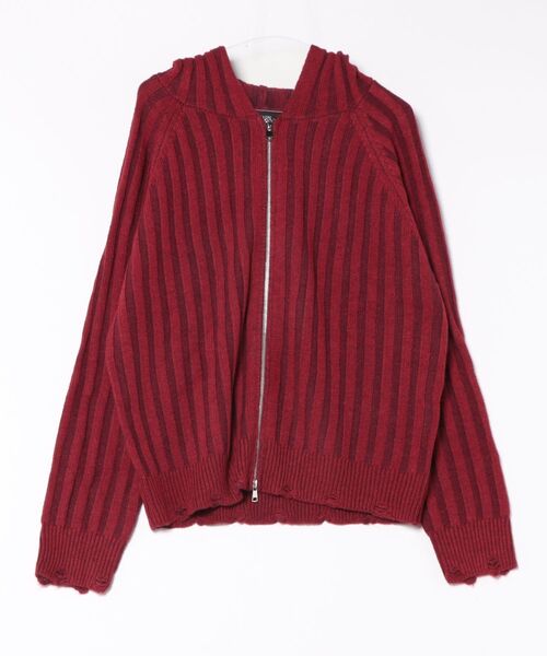 Chikashitsu +（チカシツプラス）の「【Chikashitsu +】next wool knit zip hoodie / 【チカシツプラス】ウールニットジップパーカー ＜着用動画あり＞（パーカー・メンズ・ブラック/ワイン・ONE SIZE）」の2枚目の写真