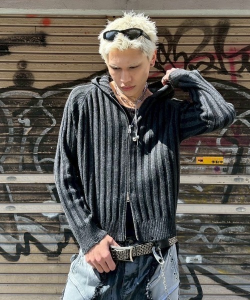 Chikashitsu +（チカシツプラス）の「【Chikashitsu +】next wool knit zip hoodie / 【チカシツプラス】ウールニットジップパーカー ＜着用動画あり＞（パーカー・メンズ・ブラック/ワイン・ONE SIZE）」の12枚目の写真