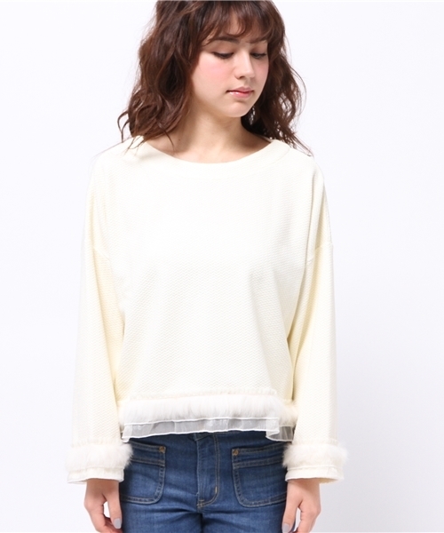 mystic（ミスティック）の「【mystic】ファーテープチュニック（Tシャツ/カットソー・レディース・ベージュ/ブラック/チャコールグレー/オフホワイト・ﾌﾘ-）」の5枚目の写真