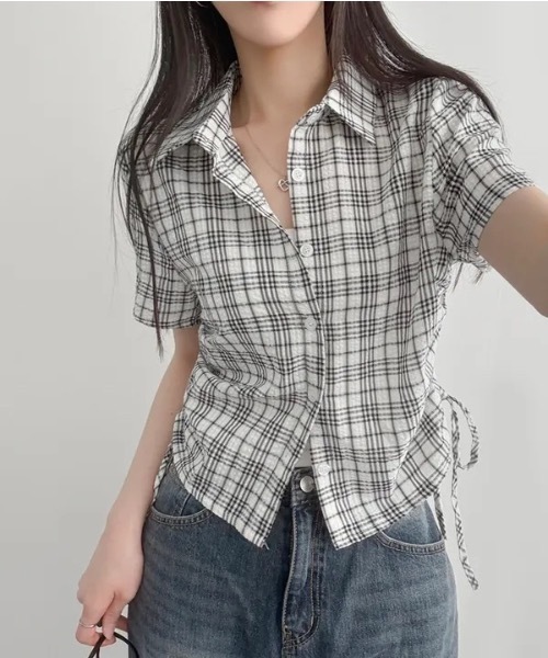 Teem Store(チームストア)の「サイドシャーリングコンパクトチェック柄シアーシャツ(シャツ/ブラウス・レディース・ブラック/グリーン/グレー/ベージュ・F)」の5枚目の写真