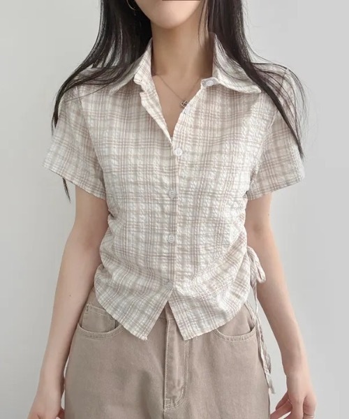 Teem Store(チームストア)の「サイドシャーリングコンパクトチェック柄シアーシャツ(シャツ/ブラウス・レディース・ブラック/グリーン/グレー/ベージュ・F)」の8枚目の写真