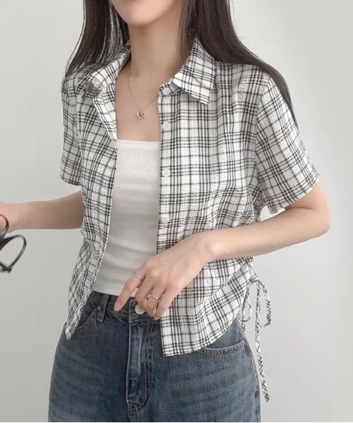 Teem Store(チームストア)の「サイドシャーリングコンパクトチェック柄シアーシャツ(シャツ/ブラウス・レディース・ブラック/グリーン/グレー/ベージュ・F)」の6枚目の写真
