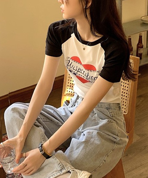 Songe（ソンジュ）の「フロントプリントラグラン半袖Tシャツ（Tシャツ/カットソー・レディース・グレー/ホワイト・M/L）」の8枚目の写真