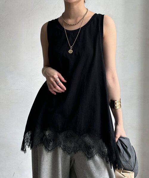 DouDou(ドゥドゥ)の「ヘムレースタンク(Tシャツ/カットソー・レディース・ブラウン/ブラック/オフホワイト/グレー・FREE)」の5枚目の写真