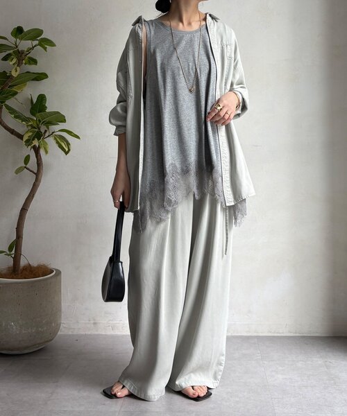 DouDou(ドゥドゥ)の「ヘムレースタンク(Tシャツ/カットソー・レディース・ブラウン/ブラック/オフホワイト/グレー・FREE)」の7枚目の写真