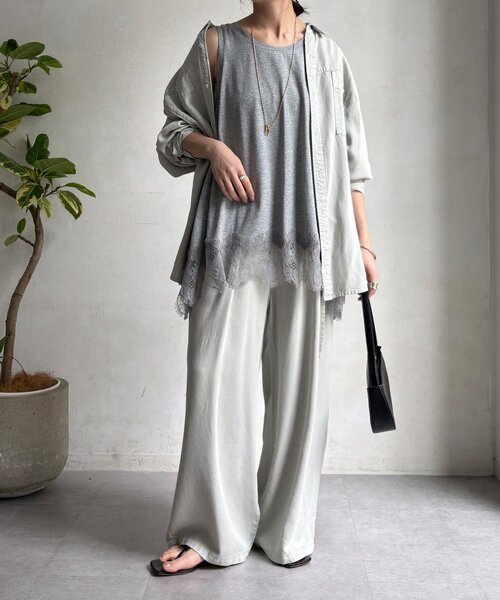 DouDou(ドゥドゥ)の「ヘムレースタンク(Tシャツ/カットソー・レディース・ブラウン/ブラック/オフホワイト/グレー・FREE)」の10枚目の写真