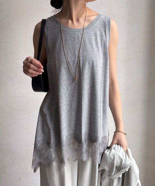 DouDou(ドゥドゥ)の「ヘムレースタンク(Tシャツ/カットソー・レディース・ブラウン/ブラック/オフホワイト/グレー・FREE)」の14枚目の写真