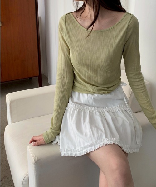 D TECH CREATIVE(ディーテッククリエイティブ)の「【シアー/リブ/レイヤード】くすみカラーシアーリブカットソー(Tシャツ/カットソー・レディース・ライトグリーン/ブラック/ピンク/オフホワイト・FREE)」の11枚目の写真