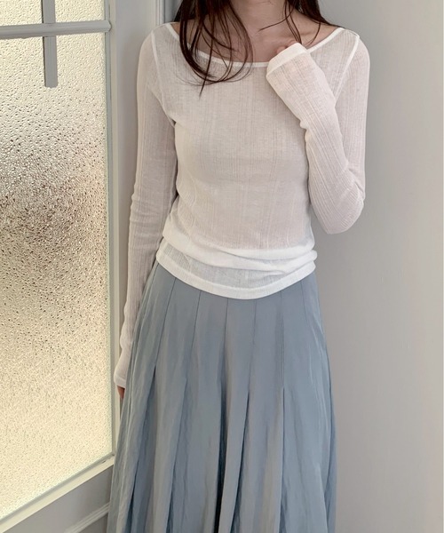 D TECH CREATIVE(ディーテッククリエイティブ)の「【シアー/リブ/レイヤード】くすみカラーシアーリブカットソー(Tシャツ/カットソー・レディース・ライトグリーン/ブラック/ピンク/オフホワイト・FREE)」の6枚目の写真