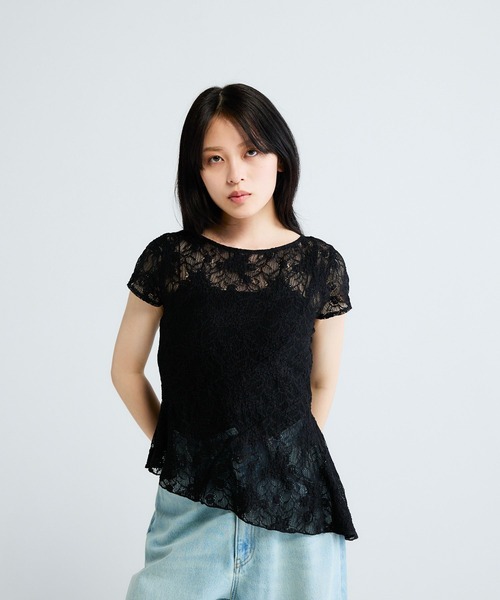JEANASIS(ジーナシス)の「イレヘムレースフレンチスリーブ/782911(Tシャツ/カットソー・レディース・ホワイト/ブラック・FREE)」の1枚目の写真
