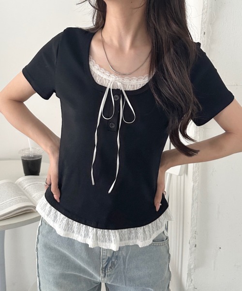 CLEA(クレア)の「レイヤード風レースリボントップス(Tシャツ/カットソー・レディース・ブルー/ブラック/イエロー/グレー/ホワイト・FREE)」の3枚目の写真