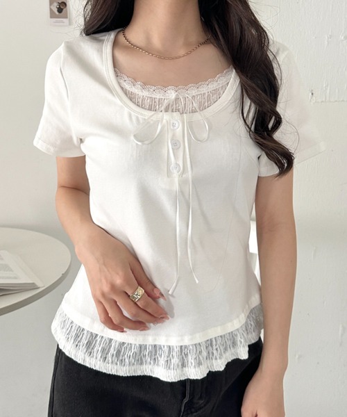 CLEA(クレア)の「レイヤード風レースリボントップス(Tシャツ/カットソー・レディース・ブルー/ブラック/イエロー/グレー/ホワイト・FREE)」の6枚目の写真