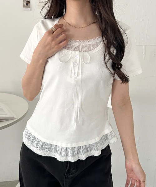 CLEA(クレア)の「レイヤード風レースリボントップス(Tシャツ/カットソー・レディース・ブルー/ブラック/イエロー/グレー/ホワイト・FREE)」の7枚目の写真