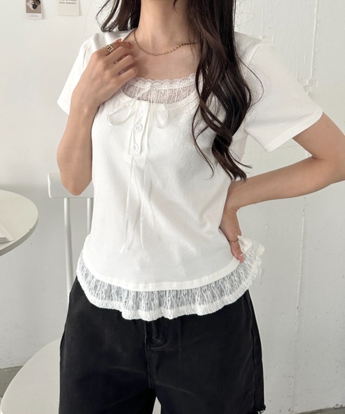 CLEA(クレア)の「レイヤード風レースリボントップス(Tシャツ/カットソー・レディース・ブルー/ブラック/イエロー/グレー/ホワイト・FREE)」の8枚目の写真