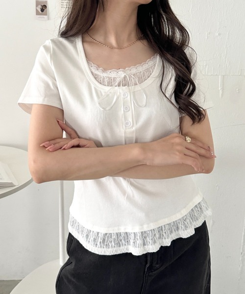 CLEA(クレア)の「レイヤード風レースリボントップス(Tシャツ/カットソー・レディース・ブルー/ブラック/イエロー/グレー/ホワイト・FREE)」の10枚目の写真