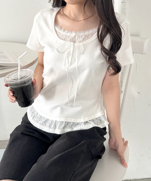 CLEA(クレア)の「レイヤード風レースリボントップス(Tシャツ/カットソー・レディース・ブルー/ブラック/イエロー/グレー/ホワイト・FREE)」の11枚目の写真