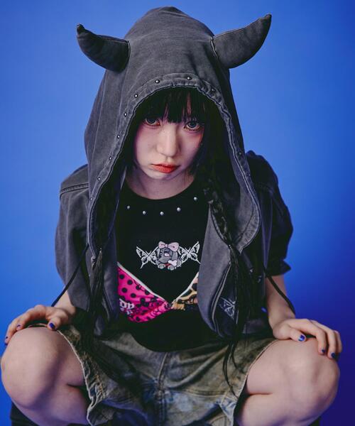 GALFY(ガルフィー)の「GALFY/ガルフィー/【LHP EXCLUSIVE】地雷ギャル フード半袖パーカー(パーカー・レディース・ブラック/ホワイト/ピンク・S/L)」の14枚目の写真