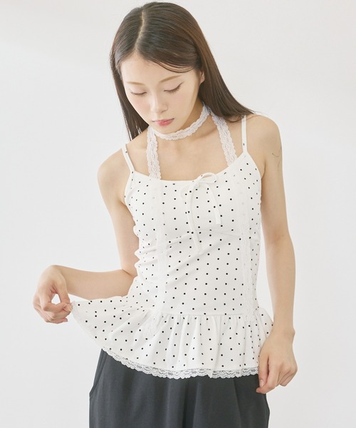 P.V.T（ピーブイティー）の「レース付きドットフリルキャミ（キャミソール・レディース・Black/White・F）」の18枚目の写真