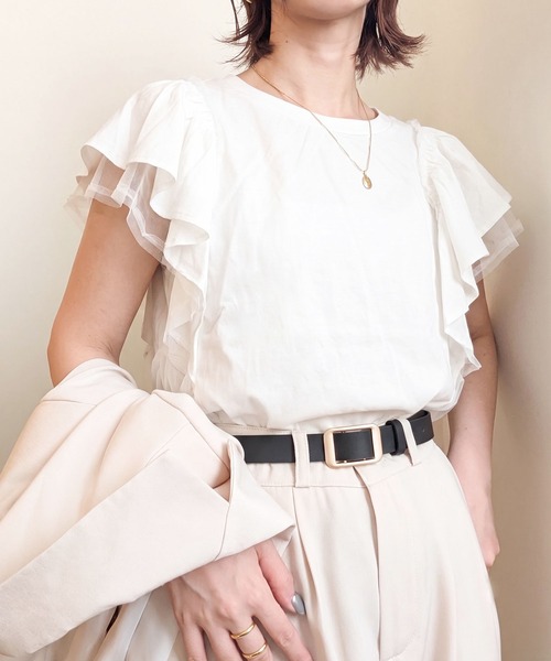 styiro(スタイロ)の「チュールレイヤード フレアスリーブ カットソー Tシャツ 異素材ドッキング(Tシャツ/カットソー・レディース・ライトグレー/ブラック/ホワイト・FREE)」の2枚目の写真