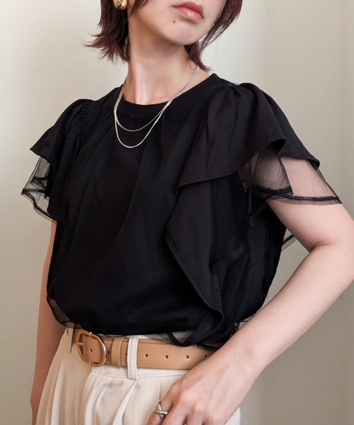 styiro(スタイロ)の「チュールレイヤード フレアスリーブ カットソー Tシャツ 異素材ドッキング(Tシャツ/カットソー・レディース・ライトグレー/ブラック/ホワイト・FREE)」の3枚目の写真