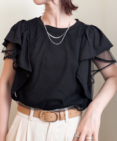 styiro(スタイロ)の「チュールレイヤード フレアスリーブ カットソー Tシャツ 異素材ドッキング(Tシャツ/カットソー・レディース・ライトグレー/ブラック/ホワイト・FREE)」の6枚目の写真