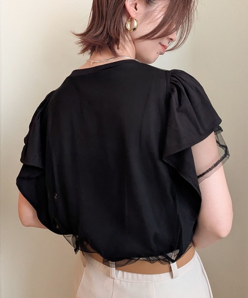 styiro(スタイロ)の「チュールレイヤード フレアスリーブ カットソー Tシャツ 異素材ドッキング(Tシャツ/カットソー・レディース・ライトグレー/ブラック/ホワイト・FREE)」の8枚目の写真