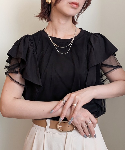 styiro(スタイロ)の「チュールレイヤード フレアスリーブ カットソー Tシャツ 異素材ドッキング(Tシャツ/カットソー・レディース・ライトグレー/ブラック/ホワイト・FREE)」の9枚目の写真