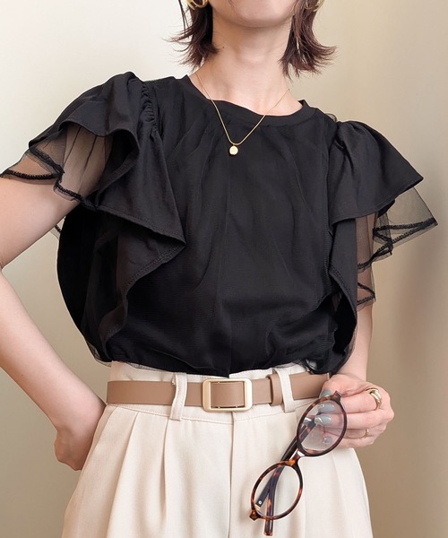 styiro(スタイロ)の「チュールレイヤード フレアスリーブ カットソー Tシャツ 異素材ドッキング(Tシャツ/カットソー・レディース・ライトグレー/ブラック/ホワイト・FREE)」の10枚目の写真