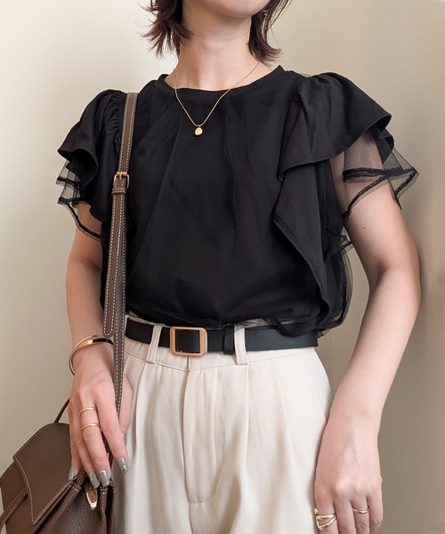 styiro(スタイロ)の「チュールレイヤード フレアスリーブ カットソー Tシャツ 異素材ドッキング(Tシャツ/カットソー・レディース・ライトグレー/ブラック/ホワイト・FREE)」の11枚目の写真