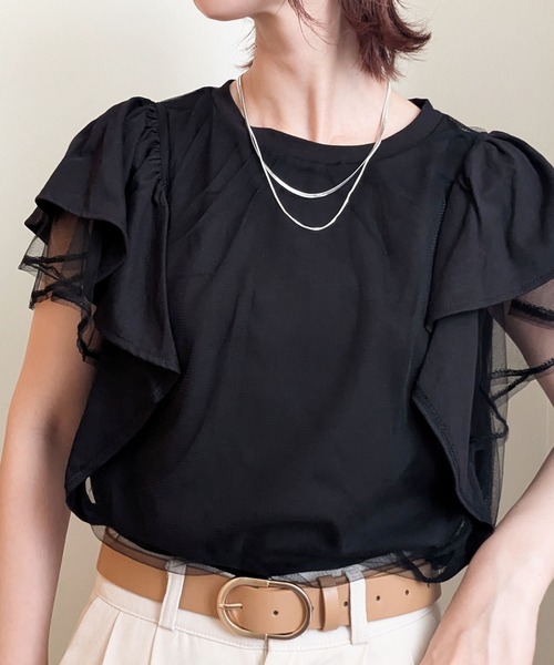 styiro(スタイロ)の「チュールレイヤード フレアスリーブ カットソー Tシャツ 異素材ドッキング(Tシャツ/カットソー・レディース・ライトグレー/ブラック/ホワイト・FREE)」の14枚目の写真
