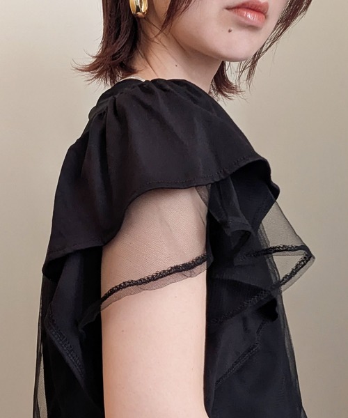 styiro(スタイロ)の「チュールレイヤード フレアスリーブ カットソー Tシャツ 異素材ドッキング(Tシャツ/カットソー・レディース・ライトグレー/ブラック/ホワイト・FREE)」の15枚目の写真